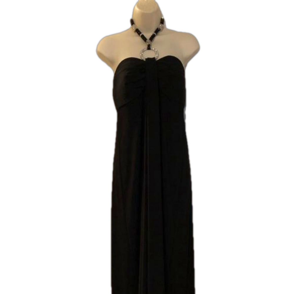 Women’s R and M Collection black maxi length bejeweled halter dress, 12P